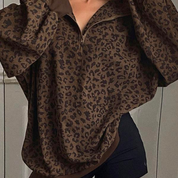 Leopard Print Half-Zip Sweatshirt
