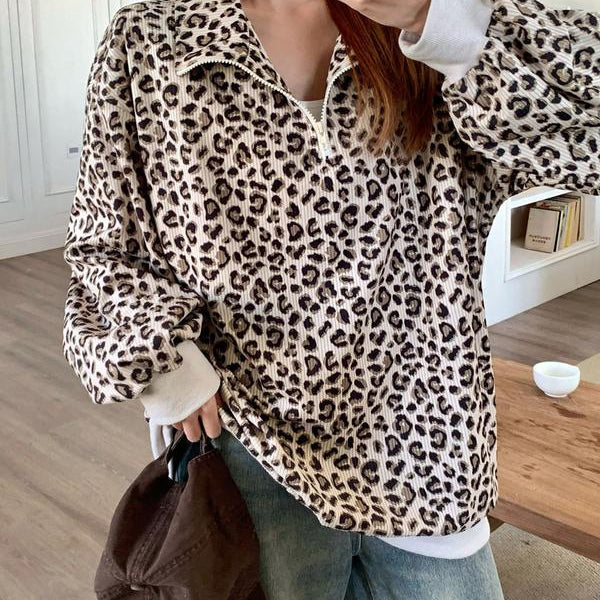 Leopard Print Half-Zip Sweatshirt